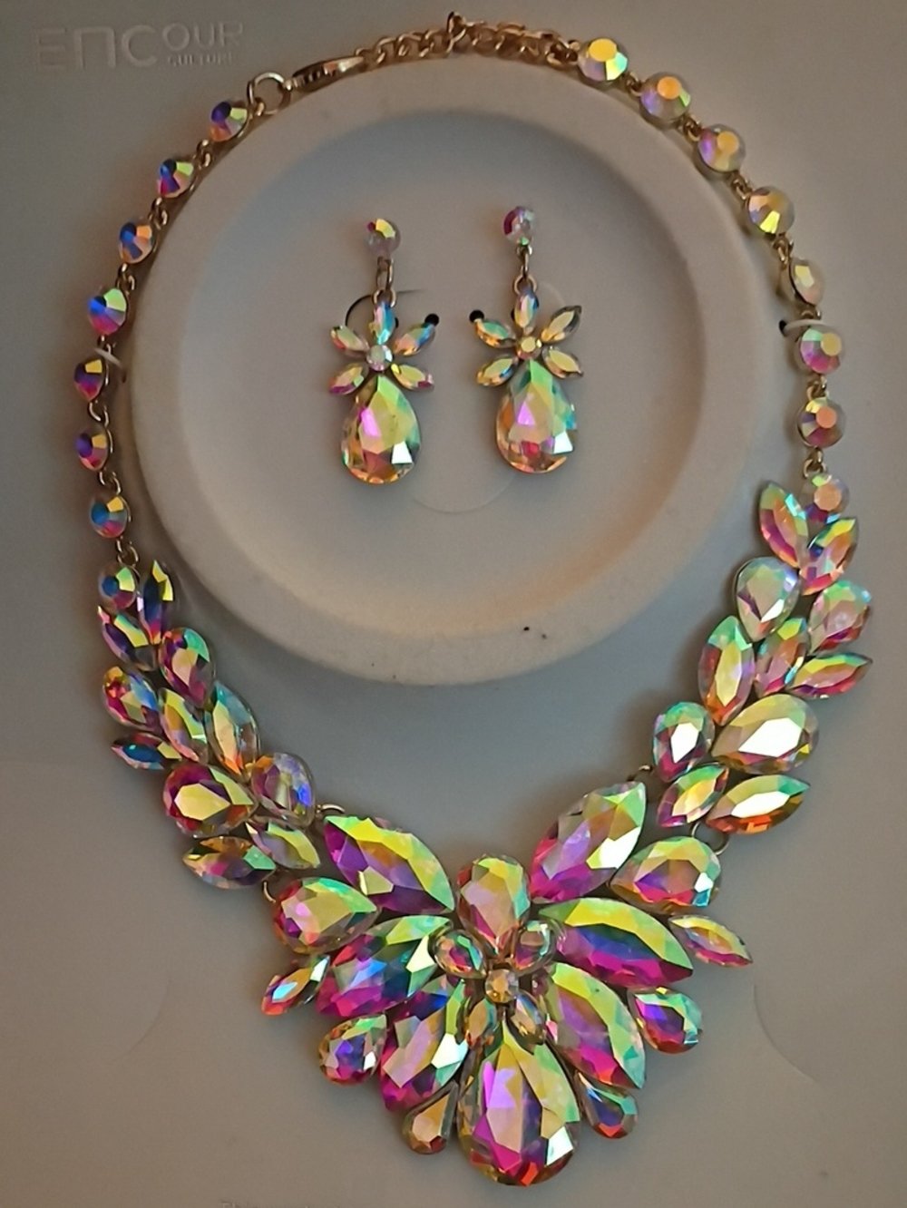 Iridescent Crystal Teardrop Necklace & Earrings - Multicolor
